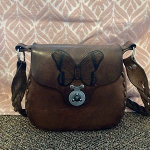 Vintage 1970s brown real leather purse with butterfly.